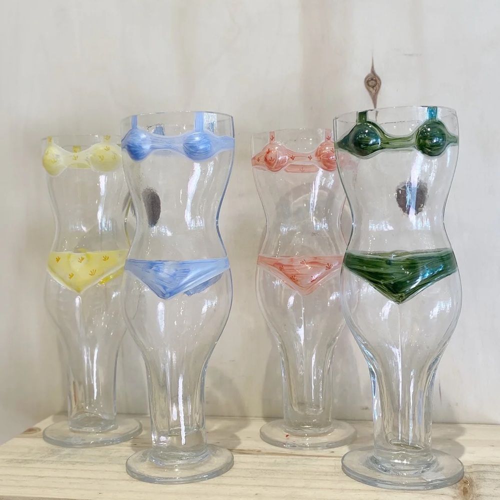 Vintage Set of 4 Clear Torso Body Drinking Glasses with Hand Painted Bikinis
